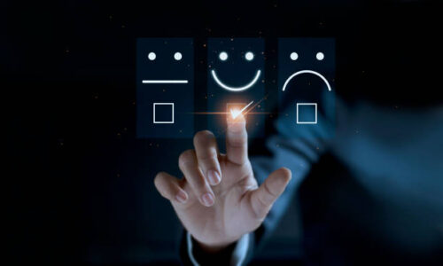satisfaction Finger of businessman touching and check mark icon face emoticon smile on dark background, service mind, service rating. Satisfaction and customer service concept